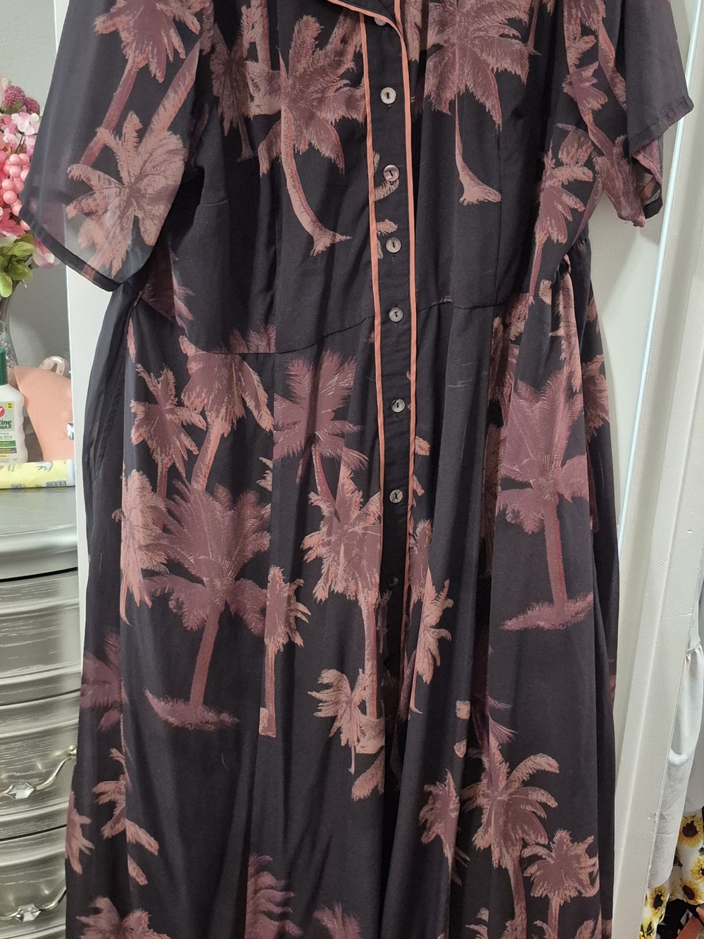 eshakti Black Maxi Dress with Pink Palm Print